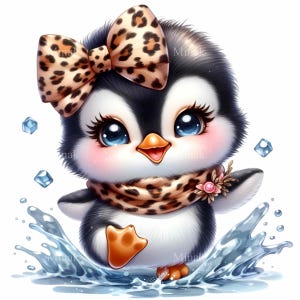 12 PNG mignon bébé pingouin Clipart PNG avec noeud léopard et écharpe, joyeux hiver animal éclaboussant dans l'eau, conception de sublimation arctique
