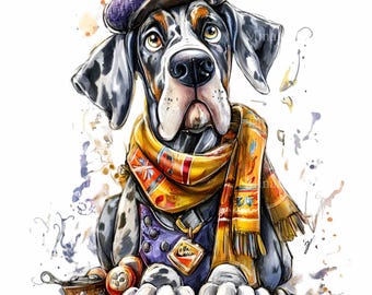 16 Great Dane Dog With Beret Png, Purple Hat Yellow Scarf Watercolor Clipart