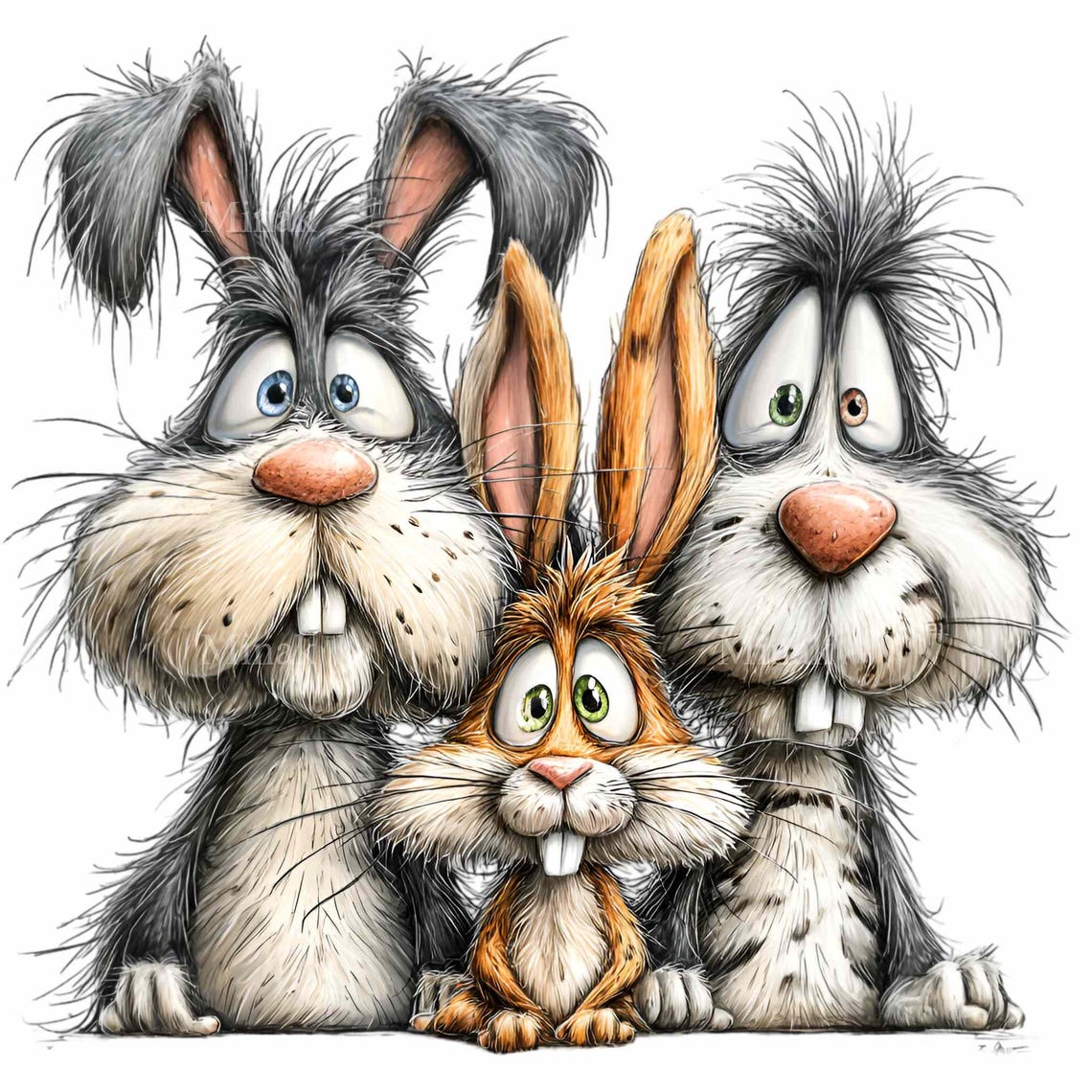 11 PNG Funny Rabbit Family Clipart, Messy Hair Bunny Trio, Quirky Hare ...