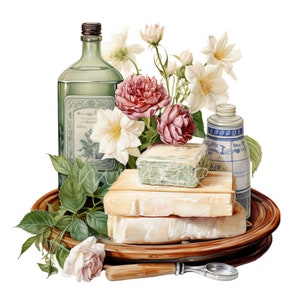 20 PNG Sapone vintage PNG – clipart di farmacia con saponi floreali, bottiglia di vetro verde, etichette antiche e rose – arte del design country francese
