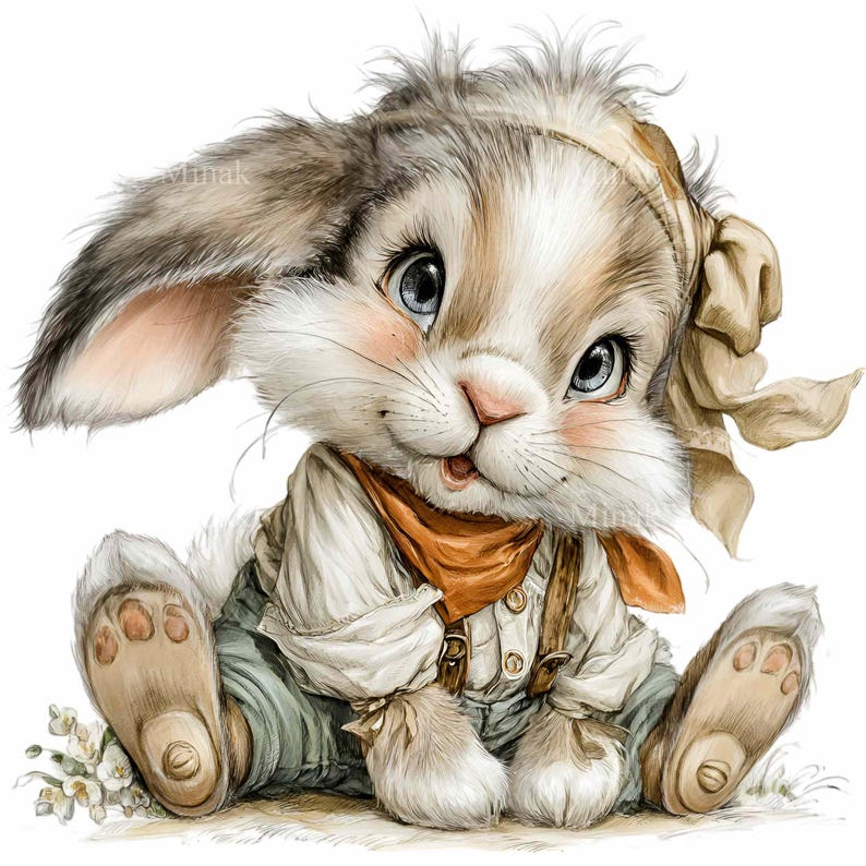 Puede incluir: Ilustraci&oacute;n de un conejito con pa&ntilde;uelo, camisa y peto. El conejito tiene grandes ojos azules, una nariz rosada y una bufanda color &oacute;xido. El conejito est&aacute; sentado, con las patas visibles, y un peque&ntilde;o ramo de flores blancas en la esquina.