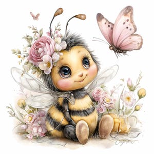 May include: A watercolor illustration of a cute bee character with a floral crown, sitting among pink roses and other flowers. A pink butterfly is flying nearby. The bee has large blue eyes and black and yellow stripes. The overall theme is whimsical and charming.