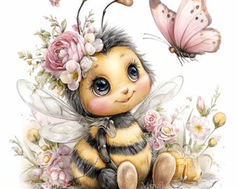16 PNG honungsbi clipart, rosa blommig humla illustration, sublimering för barnrum