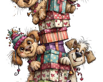 16 Puppy Dogs With Gifts Png, Stacked Presents Christmas Bow Ribbon Party Clipart