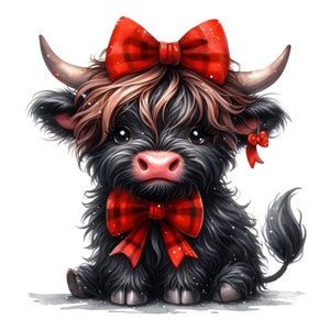 12 Cute Highland Cow Clipart PNG, Vaca Bebê com Laços, Ilustração Animal Adorável para Artesanato, Sublimação e Designs Digitais
