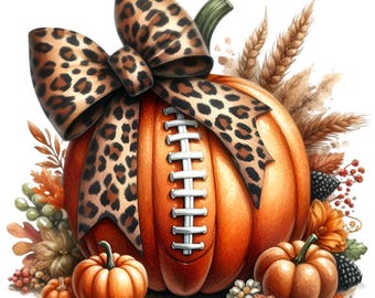 May include: A brown pumpkin with a football pattern and a leopard print bow. The pumpkin is surrounded by fall foliage, including berries, leaves, and wheat.