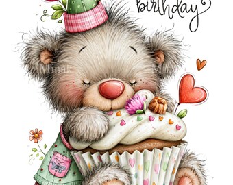 15 PNG Happy Birthday Bear Cupcake, Party Hat Graphic