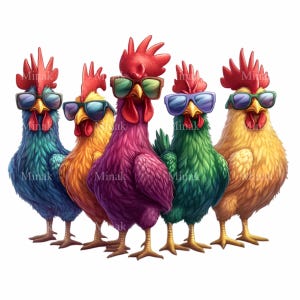 12 coole hanen, png-clipart - vijf kleurrijke cartoonhanen met zonnebril - leuke boerderijdierenkunst voor digitale projecten