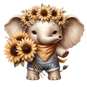 12 Clipart PNG di elefante girasole - Simpatico elefantino in tuta con corona floreale e bouquet, arte animale estiva per sublimazione
