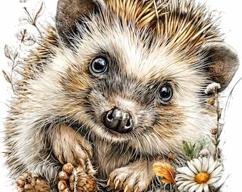 10 PNG Realistic Watercolor Hedgehog Clipart Daisy Flower