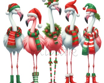 12 PNG Christmas Flamingo Squad, Holiday Tropical Bird Clipart