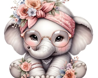 15 PNG Elephant Clipart PNG – Baby Girl Elephant with Glasses and Flowers, Cute Jungle Animal Art for Nursery Decor