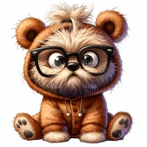 Cute Dog in Bear Costume PNG Clipart | 10 Fluffy Puppy with Glasses Digital Art | Adorable Cartoon Illustration