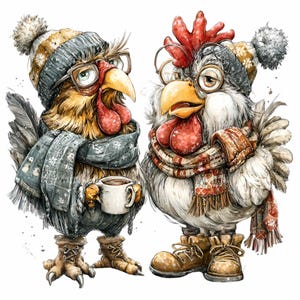 May include: Watercolor illustration of two anthropomorphic roosters. One rooster is brown and gray, wearing a gray hat, scarf, glasses, and boots, holding a mug. The other is white and gray, wearing a hat, scarf, glasses, and boots.
