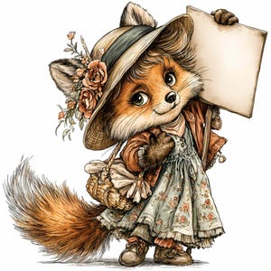 11 Renard PNG avec enseigne - Clipart PNG - Joli animal des bois vêtu de fleurs pour créer des textes personnalisés, des autocollants, des invitations et des oeuvres d'art imprimables
