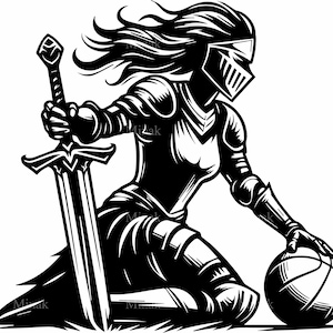 5 SVG Basketball Knight femme coupe fichier SVG | Silhouette guerrière blindée | Vecteur d'épée et de balle pour Cricut, laser, vinyle
