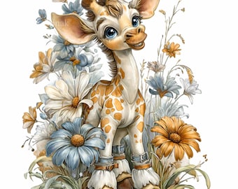 16 PNG Floral Baby Giraffe Clipart – Cute Animal PNG for Nursery Wall Art, Kids Room Decor, Baby Shower Invitation Design
