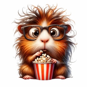 12 imágenes PNG de palomitas de maíz – Archivo PNG de conejillo de indias – Divertida mascota con gafas para imprimibles de fiestas, manualidades y pegatinas para planificadores infantiles