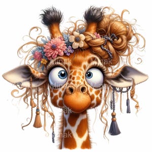 Quirky Floral Giraffe Clipart, 12 PNG Cute Watercolor Giraffe Art, Digital Funny Animal Illustration for Crafts & Decor
