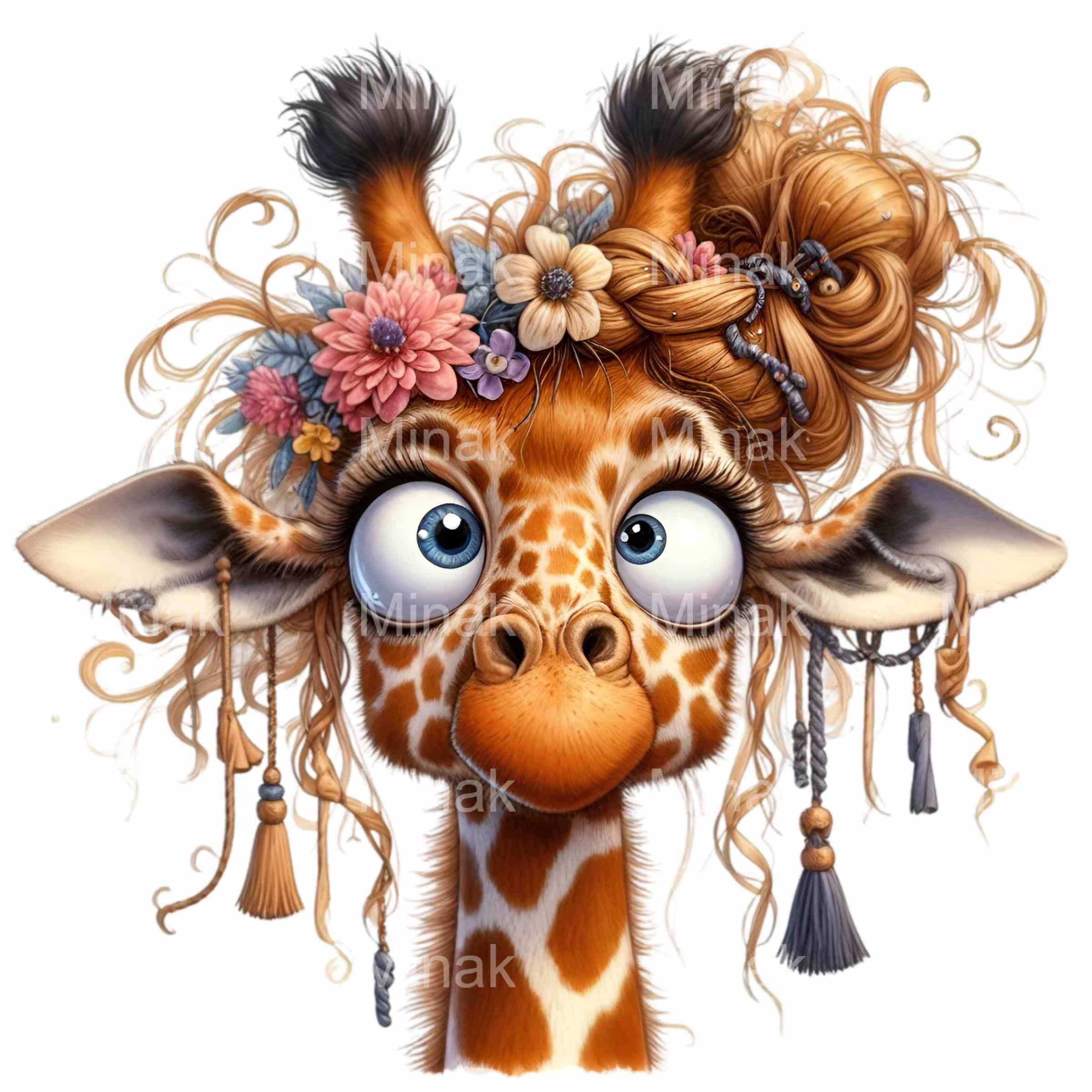 Schrullige Blumen Giraffe Clipart, 12 PNG niedliche Aquarell Giraffe Kunst, digitale lustige Tierillustration für Handwerk & Dekor