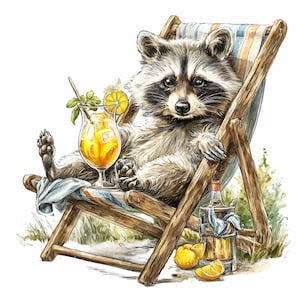 May include: Watercolor illustration of a raccoon relaxing in a striped beach chair, holding a cocktail with a lemon slice and mint. A bottle of liquor and lemons are nearby. The raccoon is the focal point, with detailed fur and a relaxed expression.