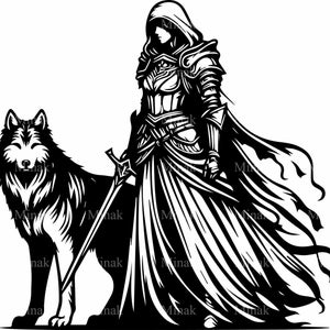 6 SVG de mujer guerrera con capucha (archivo de corte SVG de dama caballero con lobo) - Arte de fantasía complementario para Cricut y Silhouette Crafts