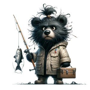 14 imágenes prediseñadas de oso pescador (PNG): un divertido personaje de la naturaleza para la habitación de los niños y manualidades al aire libre.