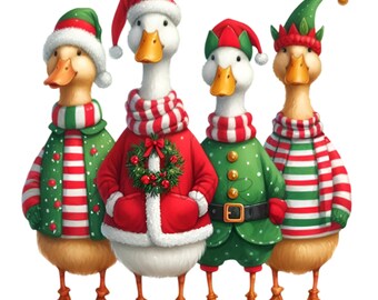 14 Anatre di Natale PNG, Clipart di pollame con cappello di Babbo Natale, Grafica di gruppo di uccelli natalizi