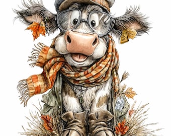 12 PNG Fall Cow Autumn Clipart, Glasses Scarf Highland Graphic