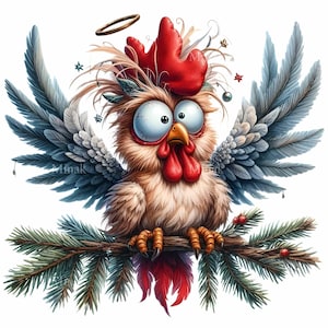 12 PNG Pollo navideño divertido – Gallo festivo loco PNG – Clipart de gallina ángel tonta para tarjetas de invierno, manualidades con humor agrícola, decoración festiva
