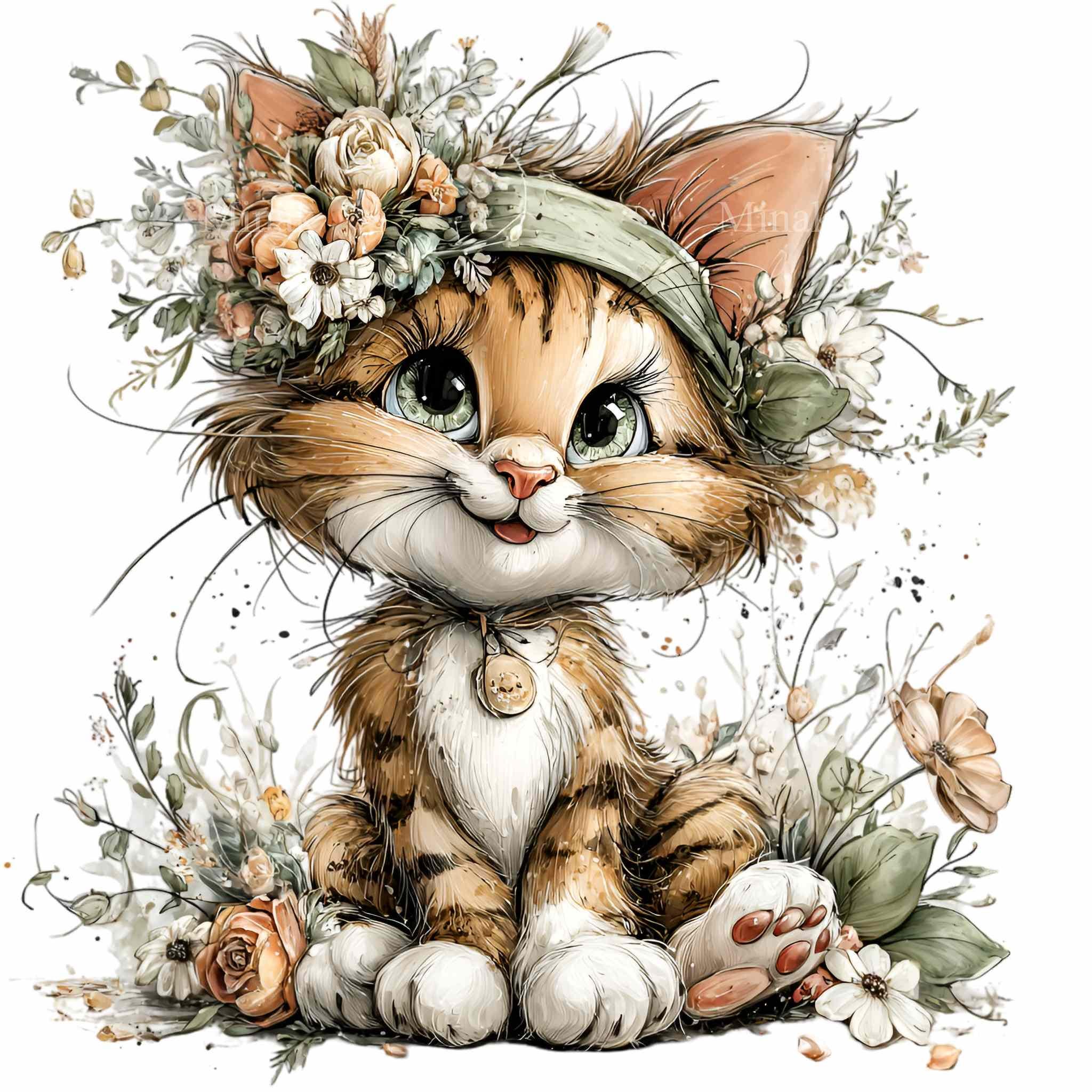 15 PNG Floral Kitten Clipart – Cute Cat PNG – Whimsical Pet ...
