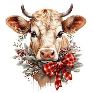 10 PNG Christmas cow clipart – festive farm animal PNG – holiday country cow art for cards, farmhouse wall decor, scrapbooking crafts