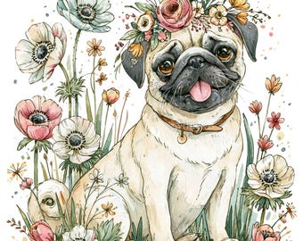 16 PNG mops blommig krona, akvarell hundblomma clipart design