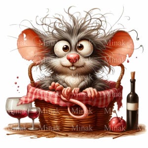 10 grappige rat png-clipart, cartoonmuis in picknickmand met wijn en glazen, decor Franse bistro, download digitale muurkunst