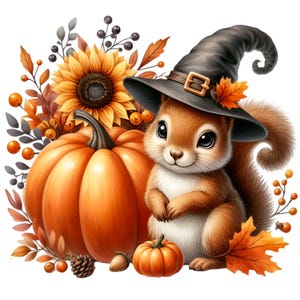 12 Clipart PNG d'écureuil d'automne - Écureuil mignon avec chapeau de sorcière, citrouilles, tournesol et feuilles - Art d'Halloween d'automne