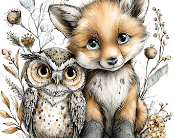 10 PNG Woodland Fox and Owl Forest Animal Clipart