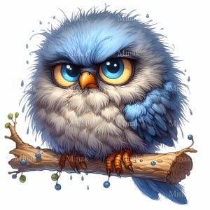 Búho azul PNG Clipart - 12 pájaros esponjosos en una rama con colores vibrantes - Perfecto para sublimación y manualidades