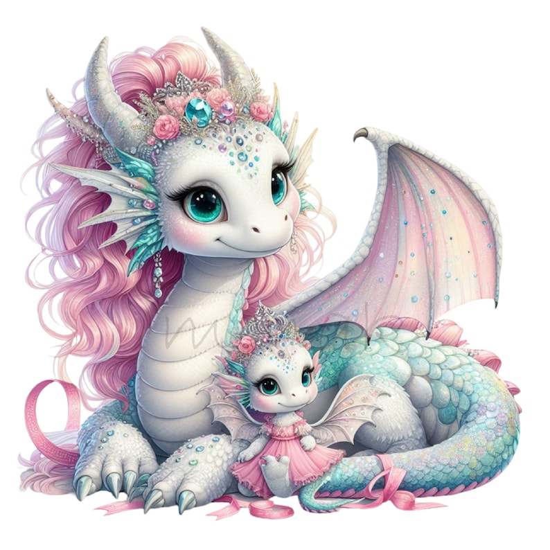 May include: A white and blue dragon with pink hair and a crown sits with a smaller white and blue dragon with pink hair and a crown. Both dragons have sparkling details and are wearing pink ribbons.