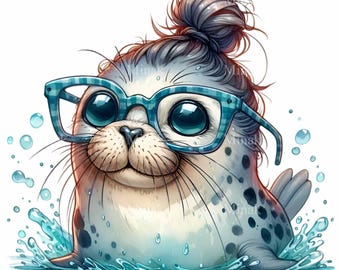 10 PNG Robbe mit Brille Clipart, Messy Bun Seelöwe Ozean Tier