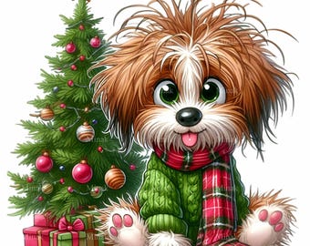 May include: A cartoon illustration of a cute dog wearing a green sweater and a red and green plaid scarf. The dog is sitting next to a decorated Christmas tree with ornaments and a star on top. Presents are at the base of the tree.
