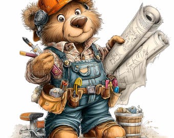 15 PNG Bear Architect Clipart, Builder Blueprint Foreman Engineer Construction Plans