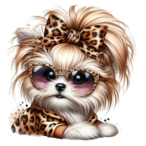 Clip Art di cane carino, Clipart di animali divertenti, 10 PNG con fiocco leopardato per la cameretta dei bambini, Cucciola disordinata, Creazione di biglietti fai da te