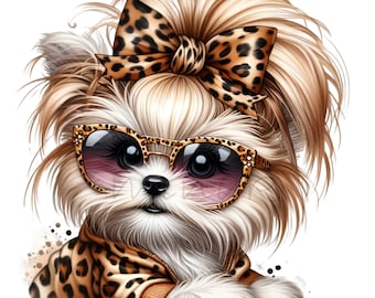 Süße Hund Clip Art, lustige Baby Tiere Clipart, 10 PNG Leopard Print Bogen Baby Kinderzimmer druckbar, Messy Bun Welpe Mädchen, DIY Kartenherstellung