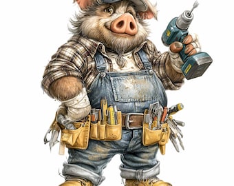 16 cliparts d'artisan cochon PNG, salopette de réparateur d'animaux