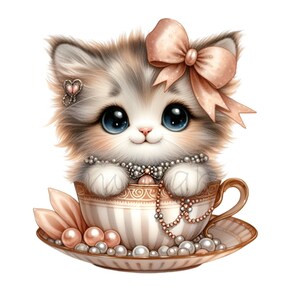 12 cliparts mignon chaton dans une tasse de thé PNG | Illustration élégante de chat perlé | Art rose pour chaton avec noeud | Conception d'animaux pour le goûter kawaii
