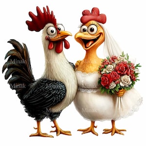 12 Clipart PNG di polli da matrimonio - Illustrazione divertente di sposi e spose per progetti creativi a tema fattoria