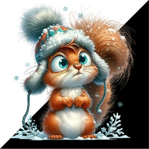 May include: A cute cartoon squirrel wearing a blue and white winter hat with a fluffy white pom-pom. The squirrel has brown fur and big blue eyes. The background is white with snowflakes.