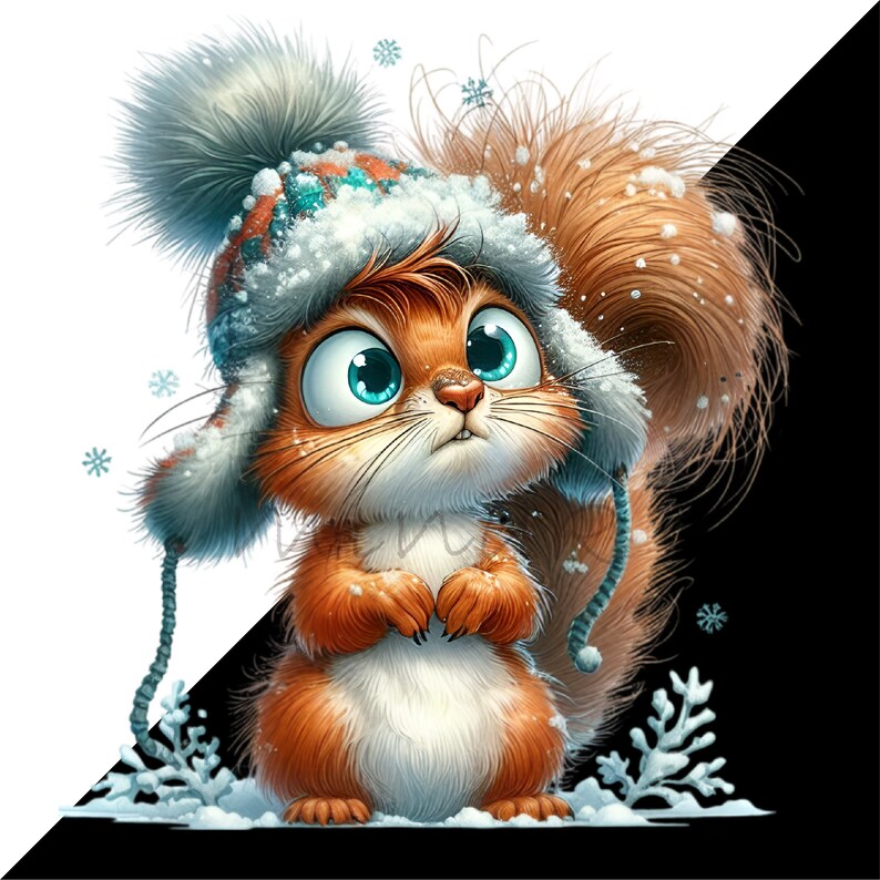 May include: A cute cartoon squirrel wearing a blue and white winter hat with a fluffy white pom-pom. The squirrel has brown fur and big blue eyes. The background is white with snowflakes.