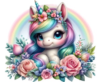15 imágenes prediseñadas PNG de unicornio arcoíris, decoración mágica de fantasía floral en acuarela para guardería