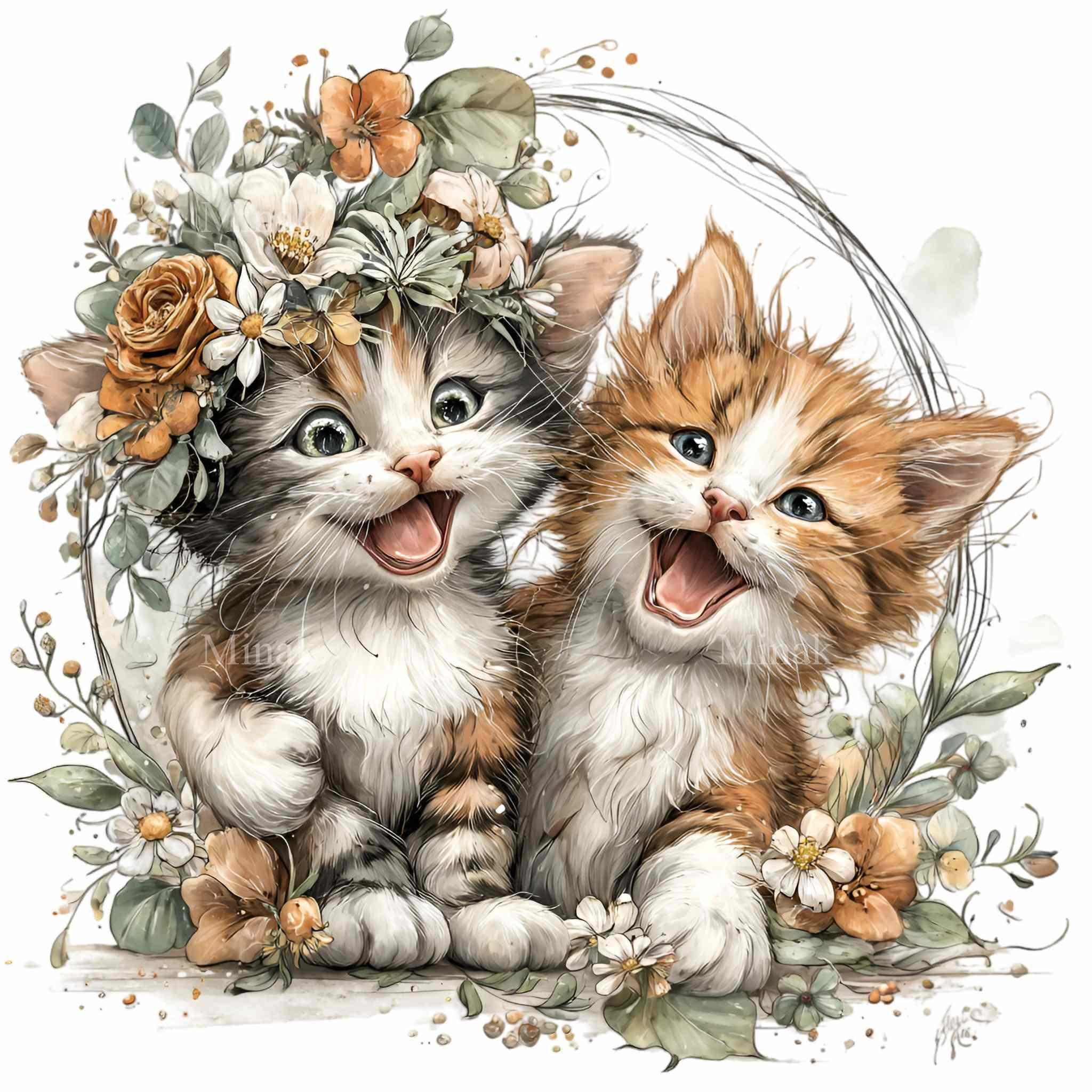 15 PNG Floral Kittens Clipart – Cute Cat Wreath PNG for Nursery Wall ...